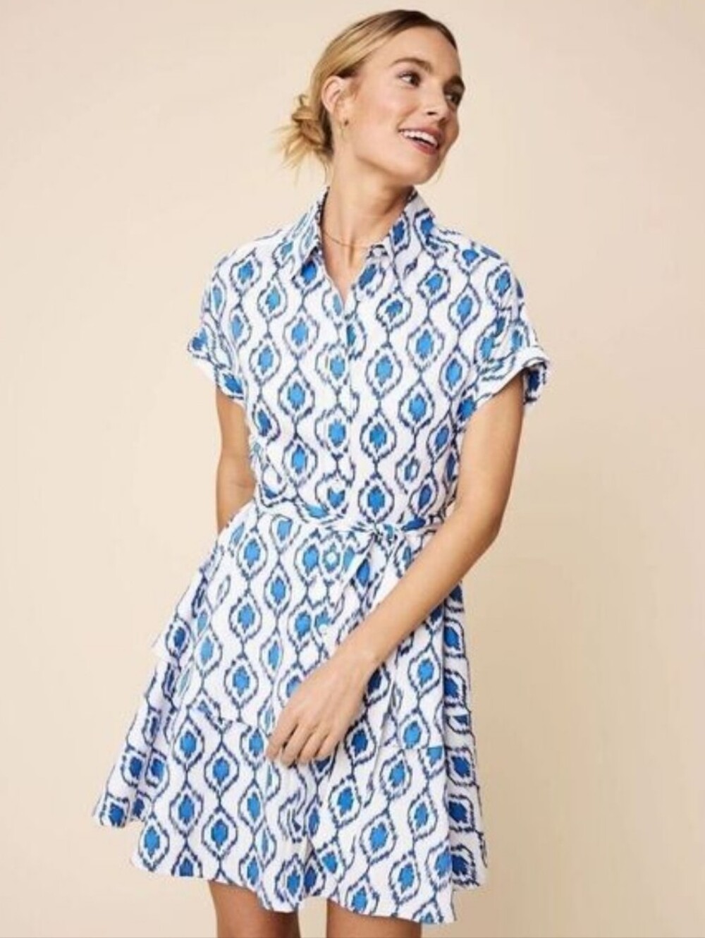 UNTUCKit White and Blue Ikat Shirt Dress with Tie Waist